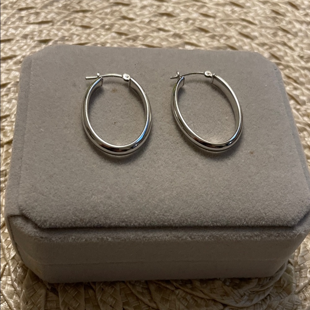 14K White Gold Oval Shiny Polished Hoop Earrings
